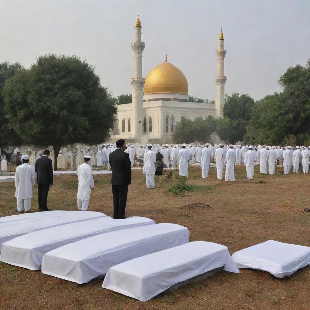 A solemn scene at the graveyard beside the resilient mosque where the shrouded body is being laid to eternal rest, the villagers standing by in quiet reflection and reverence.