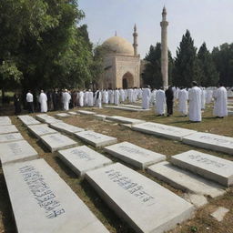 A solemn scene at the graveyard beside the resilient mosque where the shrouded body is being laid to eternal rest, the villagers standing by in quiet reflection and reverence.