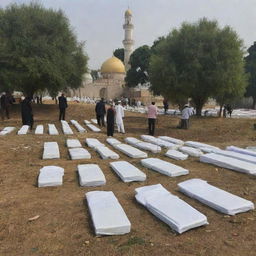 A solemn scene at the graveyard beside the resilient mosque where the shrouded body is being laid to eternal rest, the villagers standing by in quiet reflection and reverence.