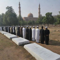 A solemn scene at the graveyard beside the resilient mosque where the shrouded body is being laid to eternal rest, the villagers standing by in quiet reflection and reverence.