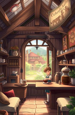 An anime-style illustration of a serene and peaceful coffee shop set in a medieval era