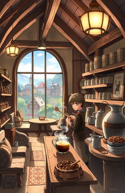 An anime-style illustration of a serene and peaceful coffee shop set in a medieval era