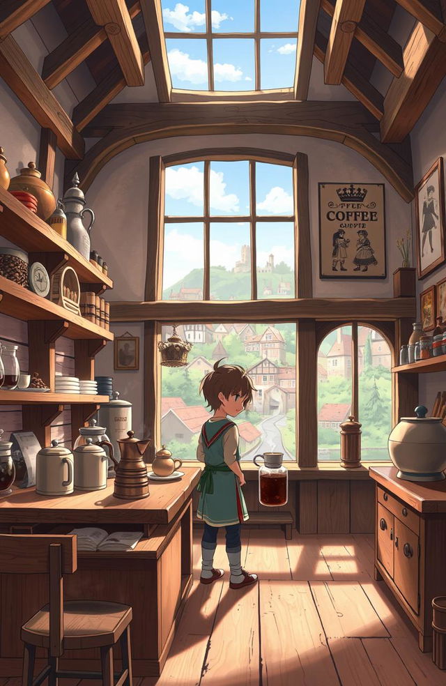 An anime-style illustration of a serene and peaceful coffee shop set in a medieval era