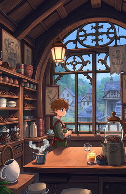 An anime-style illustration of a serene and peaceful coffee shop set in a medieval era