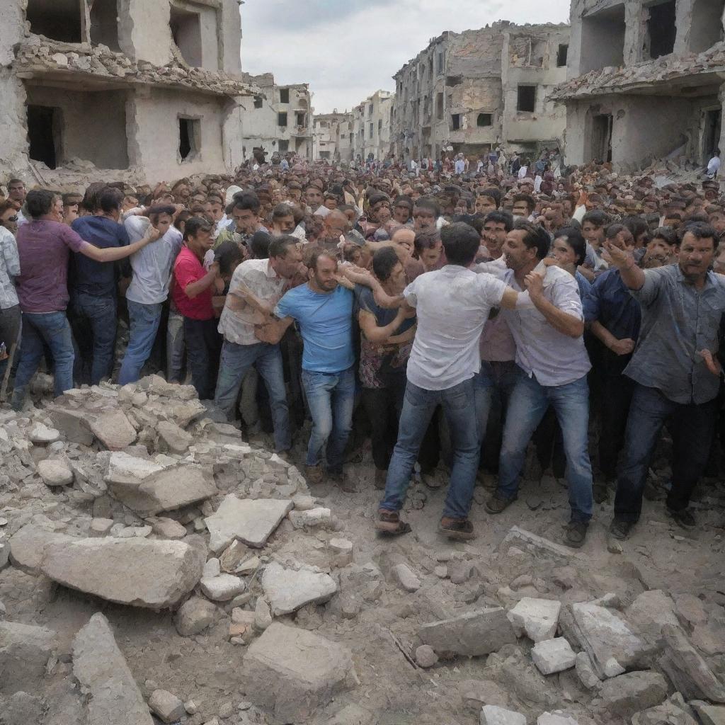 From the ruins of a collapsed house, a survivor emerges, causing shock among the crowd. Immediately, people gather to help the survivor out of the rubble, their actions a testament to communal solidarity in times of crisis.