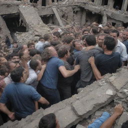 From the ruins of a collapsed house, a survivor emerges, causing shock among the crowd. Immediately, people gather to help the survivor out of the rubble, their actions a testament to communal solidarity in times of crisis.