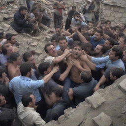 From the ruins of a collapsed house, a survivor emerges, causing shock among the crowd. Immediately, people gather to help the survivor out of the rubble, their actions a testament to communal solidarity in times of crisis.