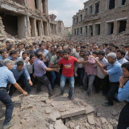 From the ruins of a collapsed house, a survivor emerges, causing shock among the crowd. Immediately, people gather to help the survivor out of the rubble, their actions a testament to communal solidarity in times of crisis.