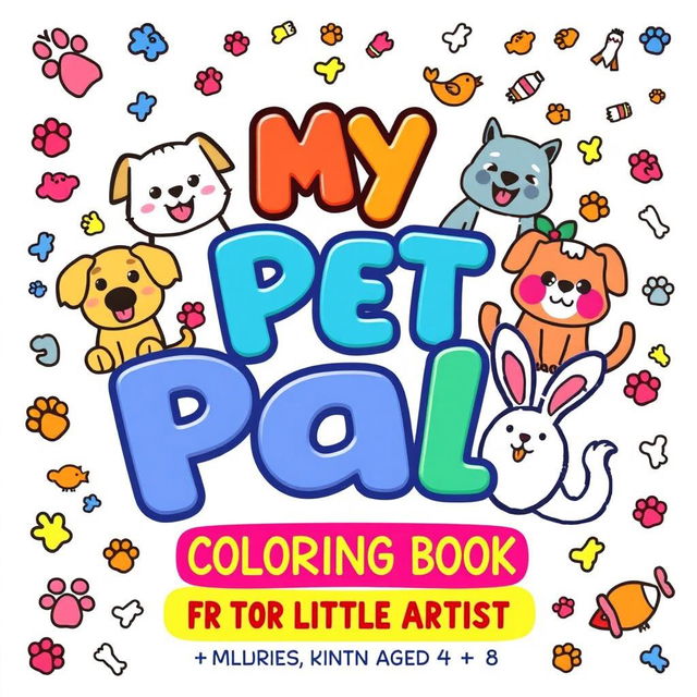 A colorful cover for a children's coloring book titled 'My Pet Pals: Coloring Book for Little Artists'