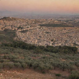 A panoramic and detailed view of a city in Palestine, illuminated by the soft glow of sunset. Architecture signature to the region with olive trees and hills in the background.