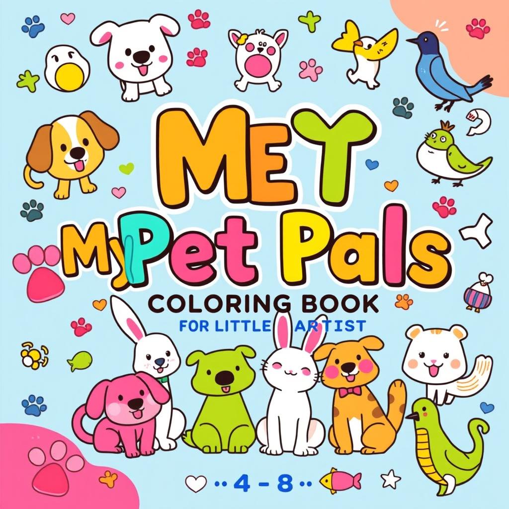 A colorful cover for a children's coloring book titled 'My Pet Pals: Coloring Book for Little Artists'