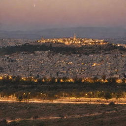 A panoramic and detailed view of a city in Palestine, illuminated by the soft glow of sunset. Architecture signature to the region with olive trees and hills in the background.