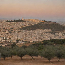 A panoramic and detailed view of a city in Palestine, illuminated by the soft glow of sunset. Architecture signature to the region with olive trees and hills in the background.