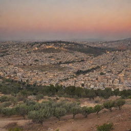 A panoramic and detailed view of a city in Palestine, illuminated by the soft glow of sunset. Architecture signature to the region with olive trees and hills in the background.