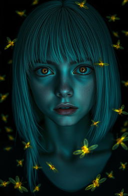 An eighteen-year-old girl with straight shoulder-length white hair, amber eyes filled with fear, and pale skin