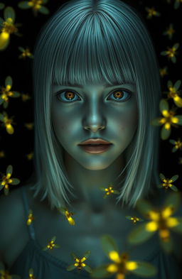 An eighteen-year-old girl with straight shoulder-length white hair, amber eyes filled with fear, and pale skin