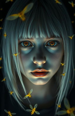 An eighteen-year-old girl with straight shoulder-length white hair, amber eyes filled with fear, and pale skin