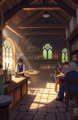 An anime-style design depicting a calm and peaceful medieval coffee shop interior, featuring wooden beams and cozy seating areas