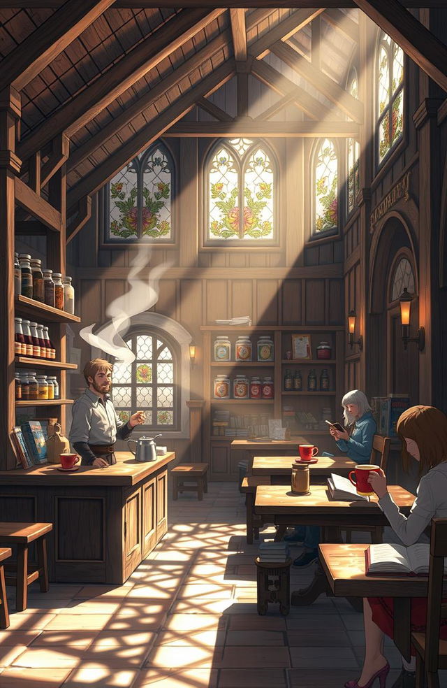 An anime-style design depicting a calm and peaceful medieval coffee shop interior, featuring wooden beams and cozy seating areas