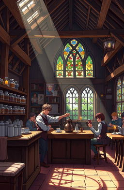 An anime-style design depicting a calm and peaceful medieval coffee shop interior, featuring wooden beams and cozy seating areas