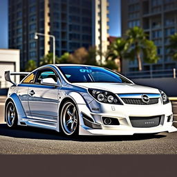 A detailed depiction of a 2007 Opel Vectra C, featuring a striking Rocket Bunny body kit and finished in a glossy white color