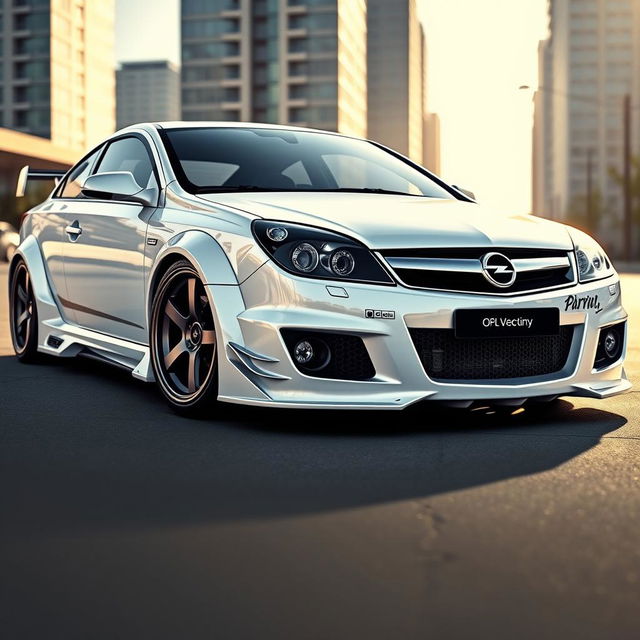 A detailed depiction of a 2007 Opel Vectra C, featuring a striking Rocket Bunny body kit and finished in a glossy white color