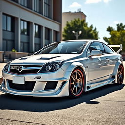 A detailed depiction of a 2007 Opel Vectra C, featuring a striking Rocket Bunny body kit and finished in a glossy white color