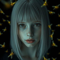 An eighteen-year-old girl with straight shoulder-length white hair, amber eyes filled with fear, and pale skin