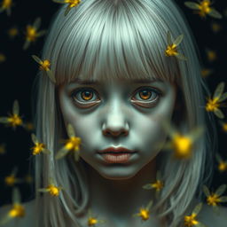 An eighteen-year-old girl with straight shoulder-length white hair, amber eyes filled with fear, and pale skin