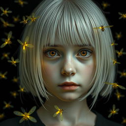 An eighteen-year-old girl with straight shoulder-length white hair, amber eyes filled with fear, and pale skin