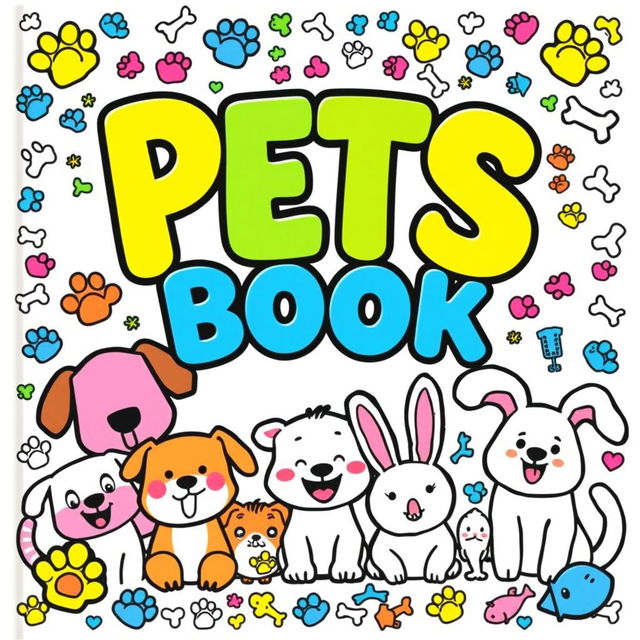 A fun and colorful cover for a children's coloring book, showcasing happy and cute illustrations of various pets including dogs, cats, and bunnies, all smiling and joyful