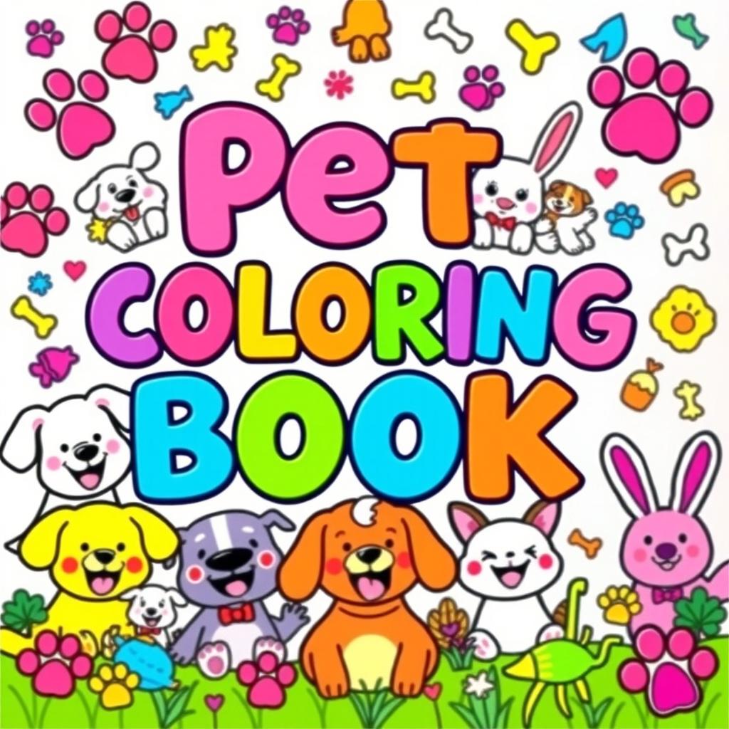 A fun and colorful cover for a children's coloring book, showcasing happy and cute illustrations of various pets including dogs, cats, and bunnies, all smiling and joyful