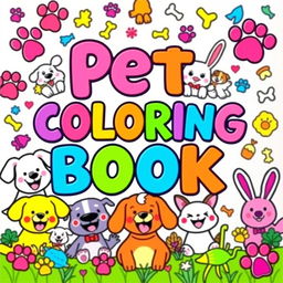 A fun and colorful cover for a children's coloring book, showcasing happy and cute illustrations of various pets including dogs, cats, and bunnies, all smiling and joyful