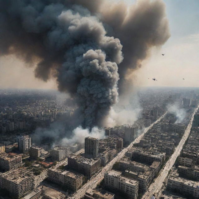 A dramatic scene where a serene city suddenly becomes the site of an aerial assault from fighter jets. Skies are filled with trails of smoke and the chaos ensuing below.