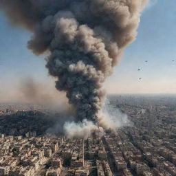 A dramatic scene where a serene city suddenly becomes the site of an aerial assault from fighter jets. Skies are filled with trails of smoke and the chaos ensuing below.