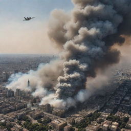 A dramatic scene where a serene city suddenly becomes the site of an aerial assault from fighter jets. Skies are filled with trails of smoke and the chaos ensuing below.