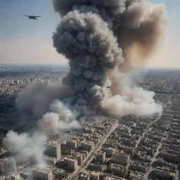 A dramatic scene where a serene city suddenly becomes the site of an aerial assault from fighter jets. Skies are filled with trails of smoke and the chaos ensuing below.