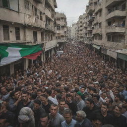 A poignant image showcasing the residents of the city in Palestine scattering in all directions amidst the chaos, their expressions filled with apprehension and determination.