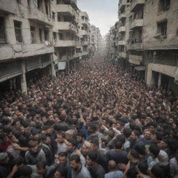 A poignant image showcasing the residents of the city in Palestine scattering in all directions amidst the chaos, their expressions filled with apprehension and determination.