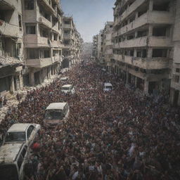 A poignant image showcasing the residents of the city in Palestine scattering in all directions amidst the chaos, their expressions filled with apprehension and determination.