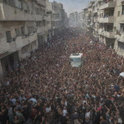 A poignant image showcasing the residents of the city in Palestine scattering in all directions amidst the chaos, their expressions filled with apprehension and determination.