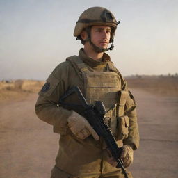 An Israeli soldier geared up in combat uniform, the setting sun glinting off the metal on his protective gear. In the background, his unit stands ready at a base.