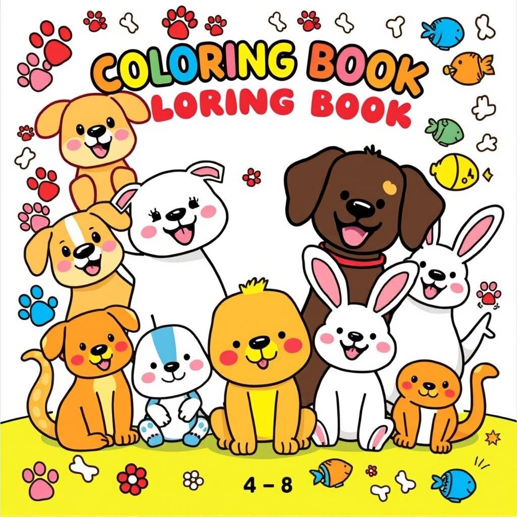 A fun and colorful cover for a children's coloring book featuring happy, cute illustrations of various pets such as dogs, cats, and bunnies, all appearing joyful and playful