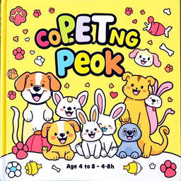 A fun and colorful cover for a children's coloring book featuring happy, cute illustrations of various pets such as dogs, cats, and bunnies, all appearing joyful and playful
