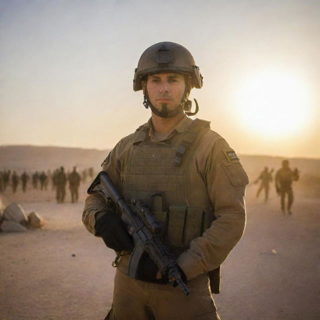 An Israeli soldier geared up in combat uniform, the setting sun glinting off the metal on his protective gear. In the background, his unit stands ready at a base.