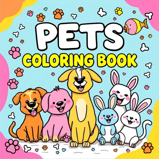 A fun and colorful cover for a children's coloring book featuring happy, cute illustrations of various pets such as dogs, cats, and bunnies, all appearing joyful and playful