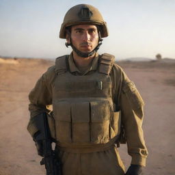 An Israeli soldier geared up in combat uniform, the setting sun glinting off the metal on his protective gear. In the background, his unit stands ready at a base.