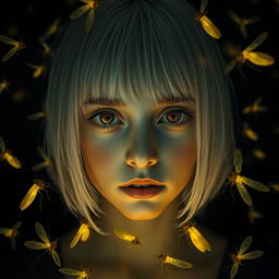 An eighteen-year-old girl with straight shoulder-length white hair, amber eyes filled with fear, and pale skin