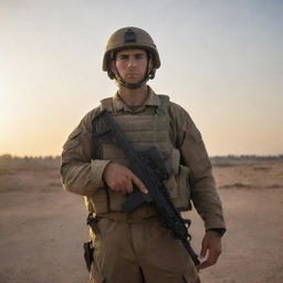 An Israeli soldier geared up in combat uniform, the setting sun glinting off the metal on his protective gear. In the background, his unit stands ready at a base.