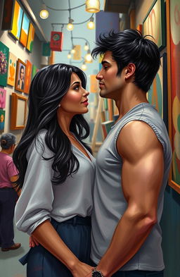 A romantic scene depicting Olivia and James in a vibrant city setting, conveying their deep emotional connection